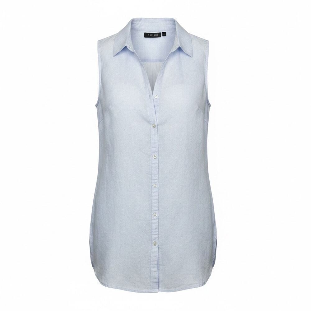 Tahari Blue 100% Linen Sleeveless Button Up Top Large Longline Tunic Split Side
